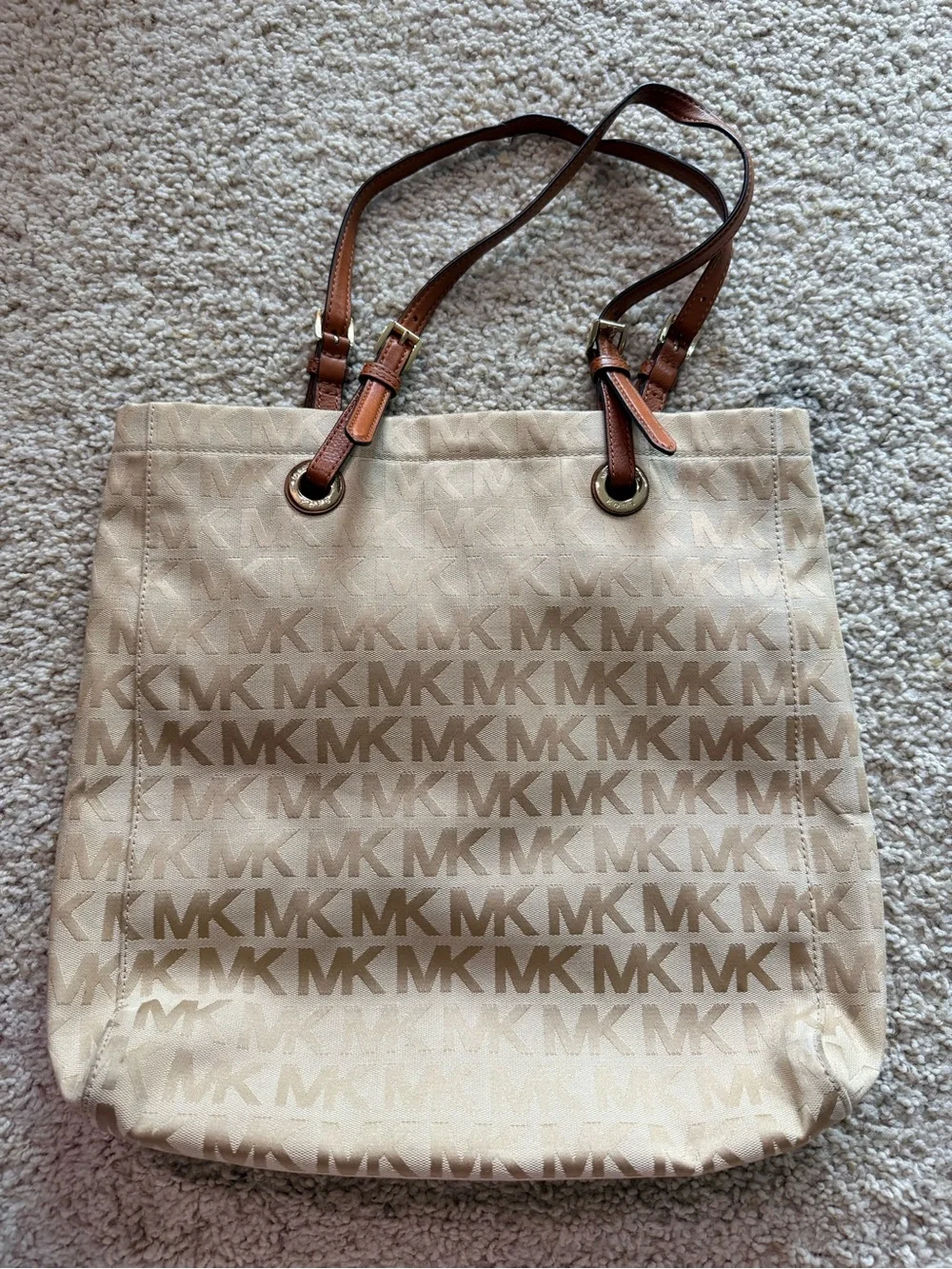 Michael Kors Beige MK Logo Canvas & Leather Tote Bag